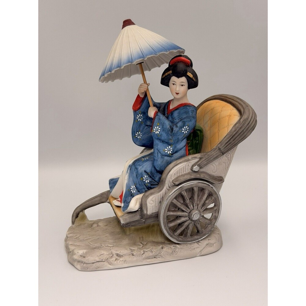 Vintage Japanese Porcelain Geisha Rickshaw Figurine Umbrella Made in Japan Decor
